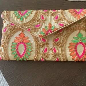 Gold Embroidered Clutch with Pink and Green Accents